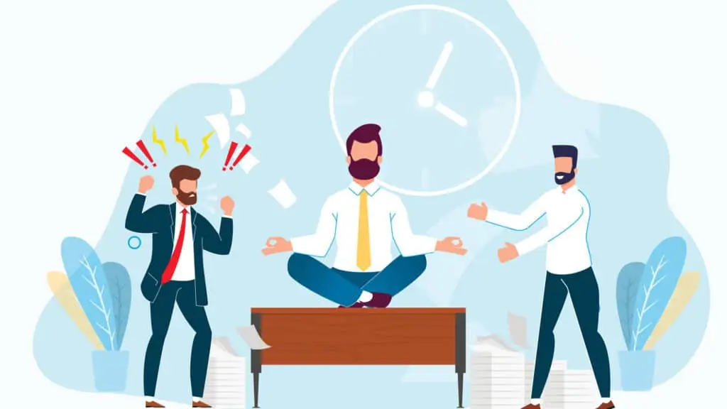 illustration of man meditating on work desk