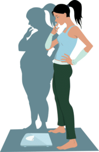 illustration of woman on scale with skinny body and fat shadow