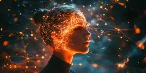 Photo of a woman with lights swirling around her head symbolizing the need to know how to stop overanalyzing.