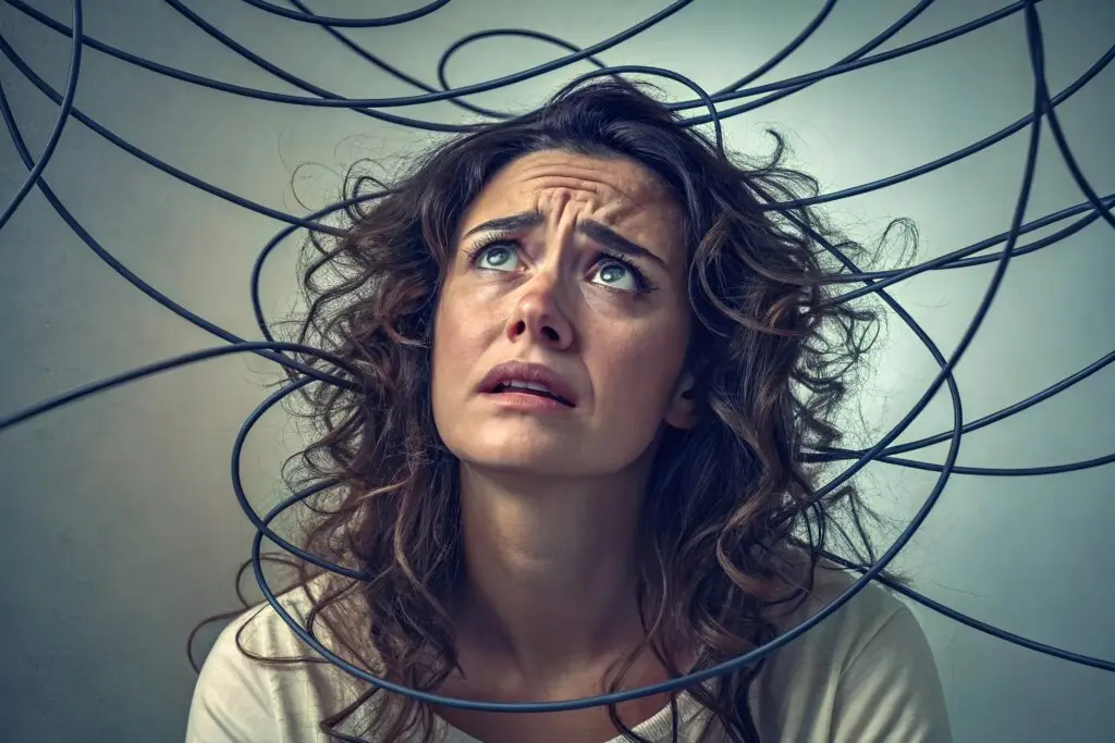 10 Effective Ideas On How To Stop Overanalyzing And Calm Your Anxious Mind A woman is surrounded by a black wire with a concerned look on her face just like unhealthy thoughts can keep you caught in malicious thought patterns.