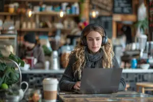A woman sits in a coffee shop working on her computer and wearing earphones as she looks for an answer to the question, “What is ADHD paralysis?”.