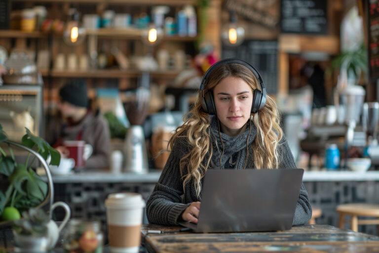 A woman sits in a coffee shop working on her computer and wearing earphones as she looks for an answer to the question, “What is ADHD paralysis?”.