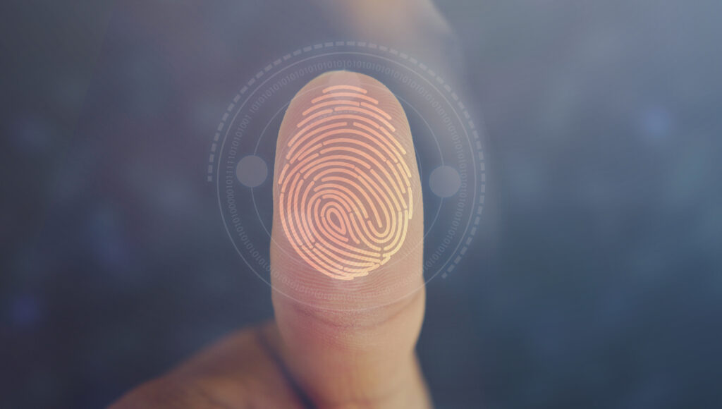 Thumb outstretched with thumbprint highlighted to depict individual identity.