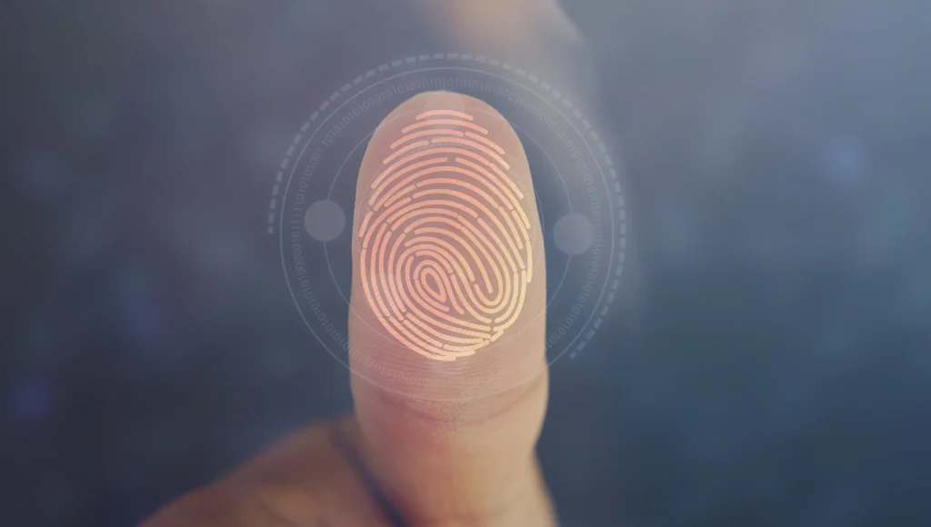 Thumb outstretched with thumbprint highlighted to depict individual identity.