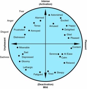 Talking About Big Feelings: 80 Words To Describe Emotions Circumplex model of emotion showing arousal (energy) and valence (positive to negative) axes with labeled emotions