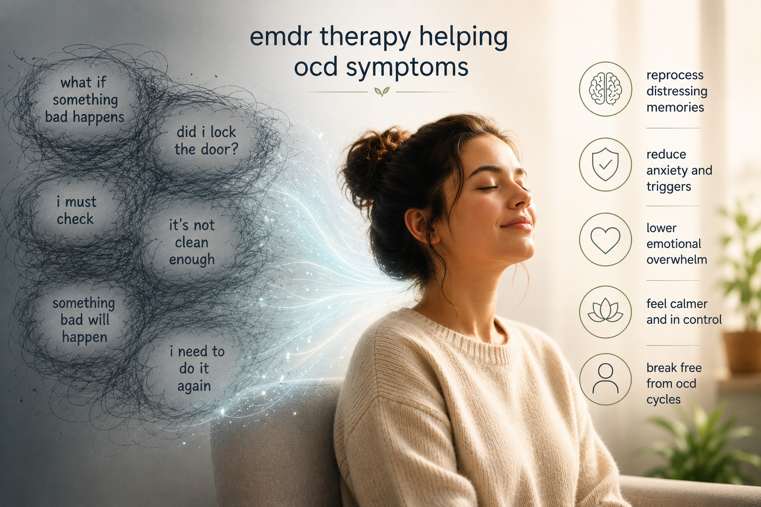 EMDR Therapy for OCD: Can It Really Help? A woman experiencing relief from intrusive thoughts and anxiety through EMDR therapy for OCD