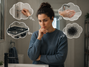 A woman experiencing intrusive thoughts while seeking support for OCD treatment online
