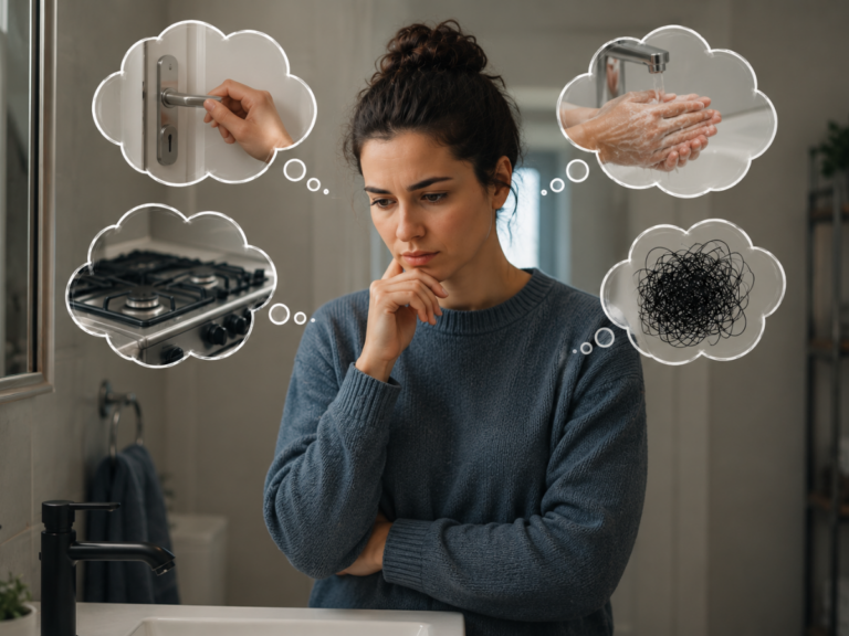 A woman experiencing intrusive thoughts while seeking support for OCD treatment online