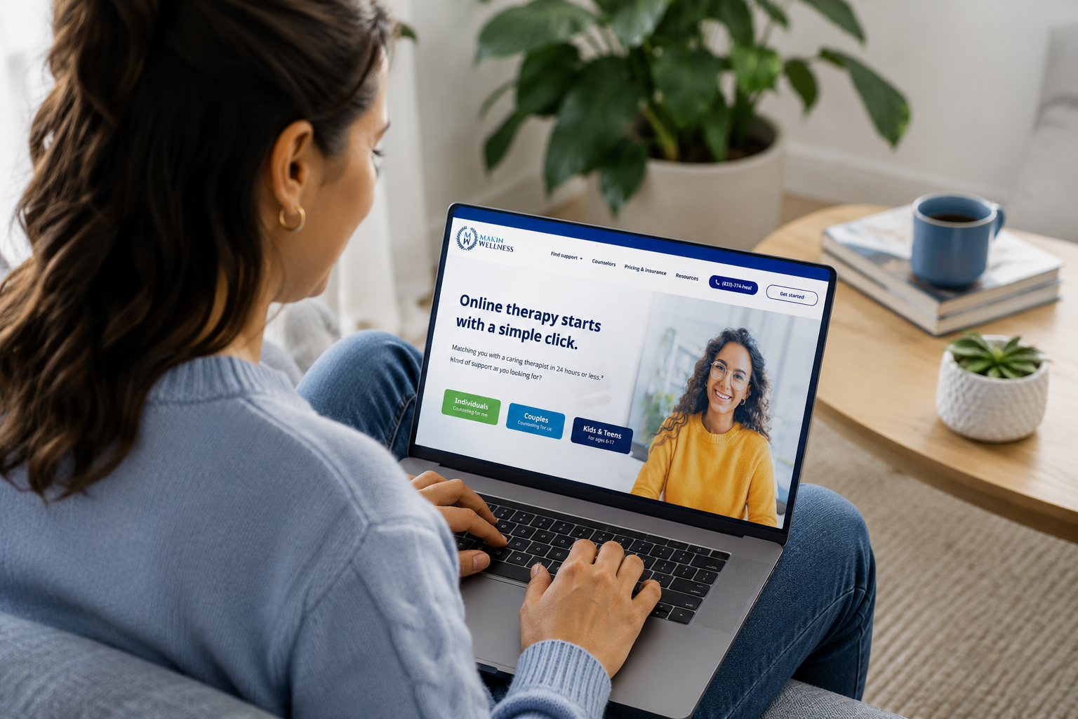 Online OCD Therapy: How Virtual ERP Gives You Specialist Care From Anywhere Person using the Makin Wellness website on a laptop to explore therapy options and connect with a mental health counselor from home.