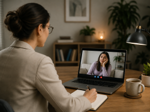 A licensed OCD therapist conducting an online therapy session with a client over video call, taking notes in a calm and professional home office setting.