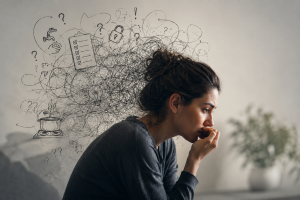 Illustration of a person struggling with intrusive thoughts and compulsive worries, representing the challenges of obsessive-compulsive disorder and the role of OCD therapy in treatment.