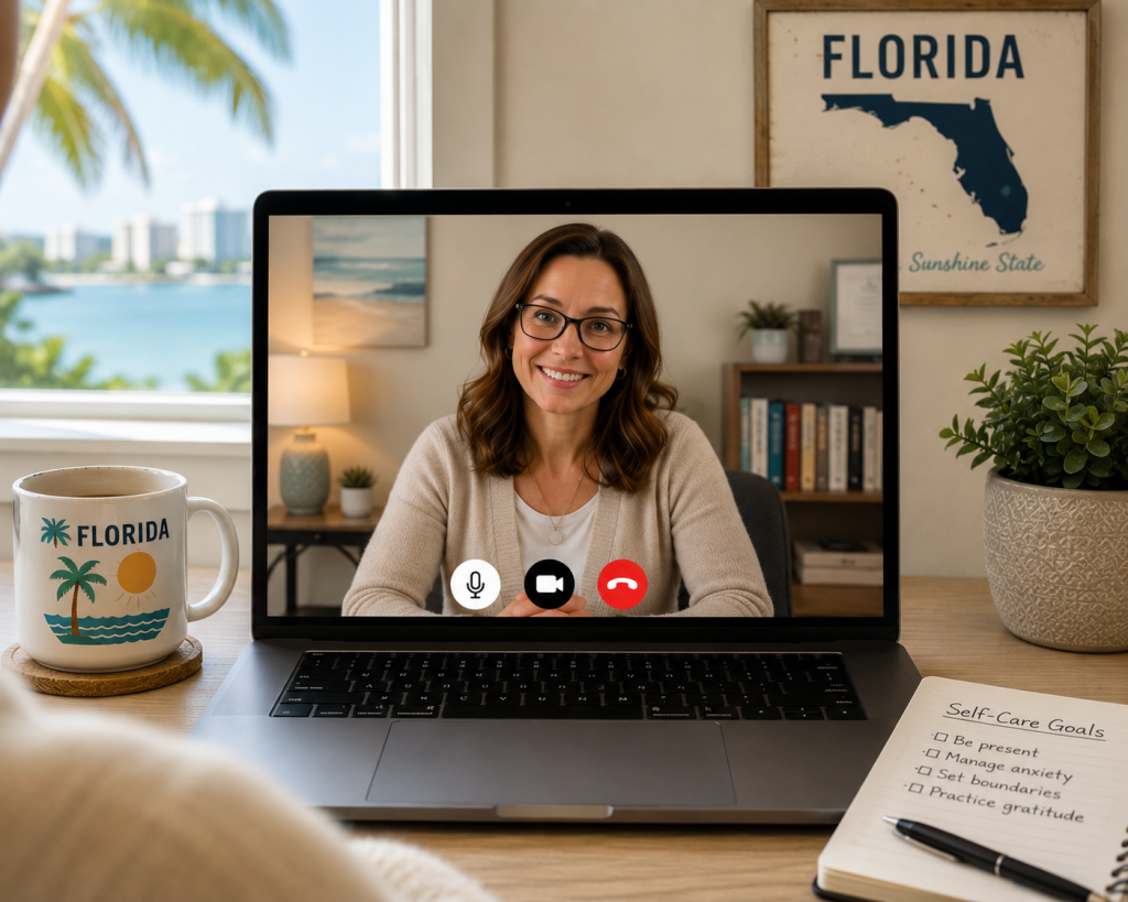Smiling Florida therapist on a laptop screen during an online therapy session in Florida, with a bright coastal-inspired setting and virtual counseling interface visible.