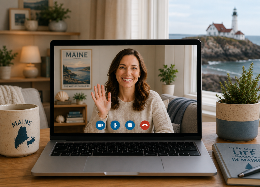 Licensed therapist waving during an online therapy Maine video session displayed on a laptop screen