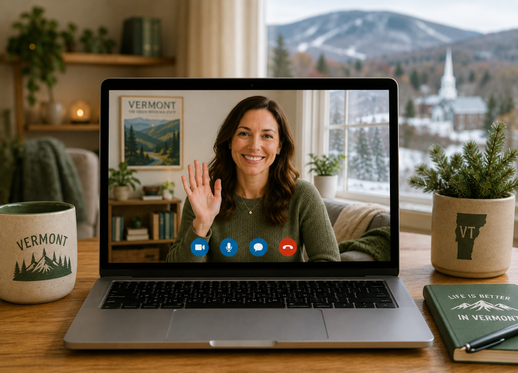 Licensed therapist waving during an online therapy Vermont video session displayed on a laptop screen