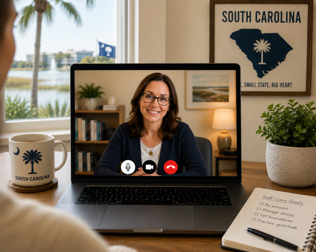 Smiling South Carolina therapist on a laptop screen during an online therapy session for South Carolina residents, shown in a welcoming virtual counseling environment with South Carolina-themed accents.