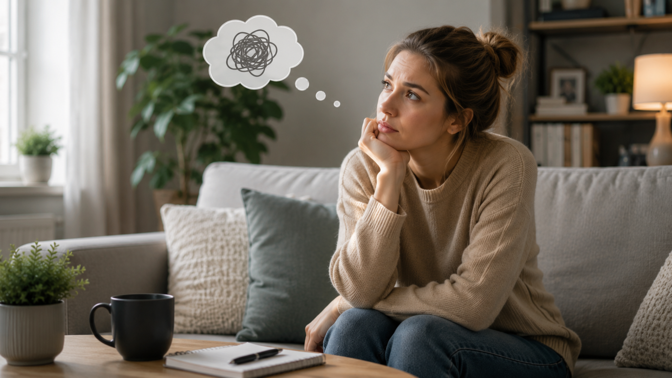 A thoughtful Caucasian woman sits on a sofa at home, reflecting, can a therapist help with anxiety in a calm and comfortable living room.