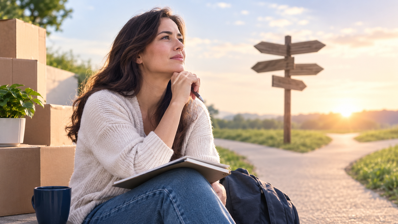 A woman sits beside moving boxes at a crossroads, reflecting on a major life transition while looking toward multiple paths at sunrise.