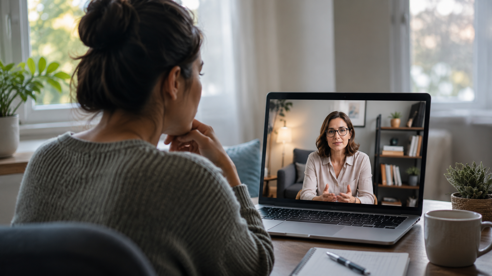 A patient participates in a virtual life transitions counseling session with a therapist during a secure video call from home.