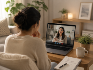 A person participates in an online anxiety therapy session from home, speaking with a licensed therapist through a secure video call on a laptop in a calm, comfortable setting.