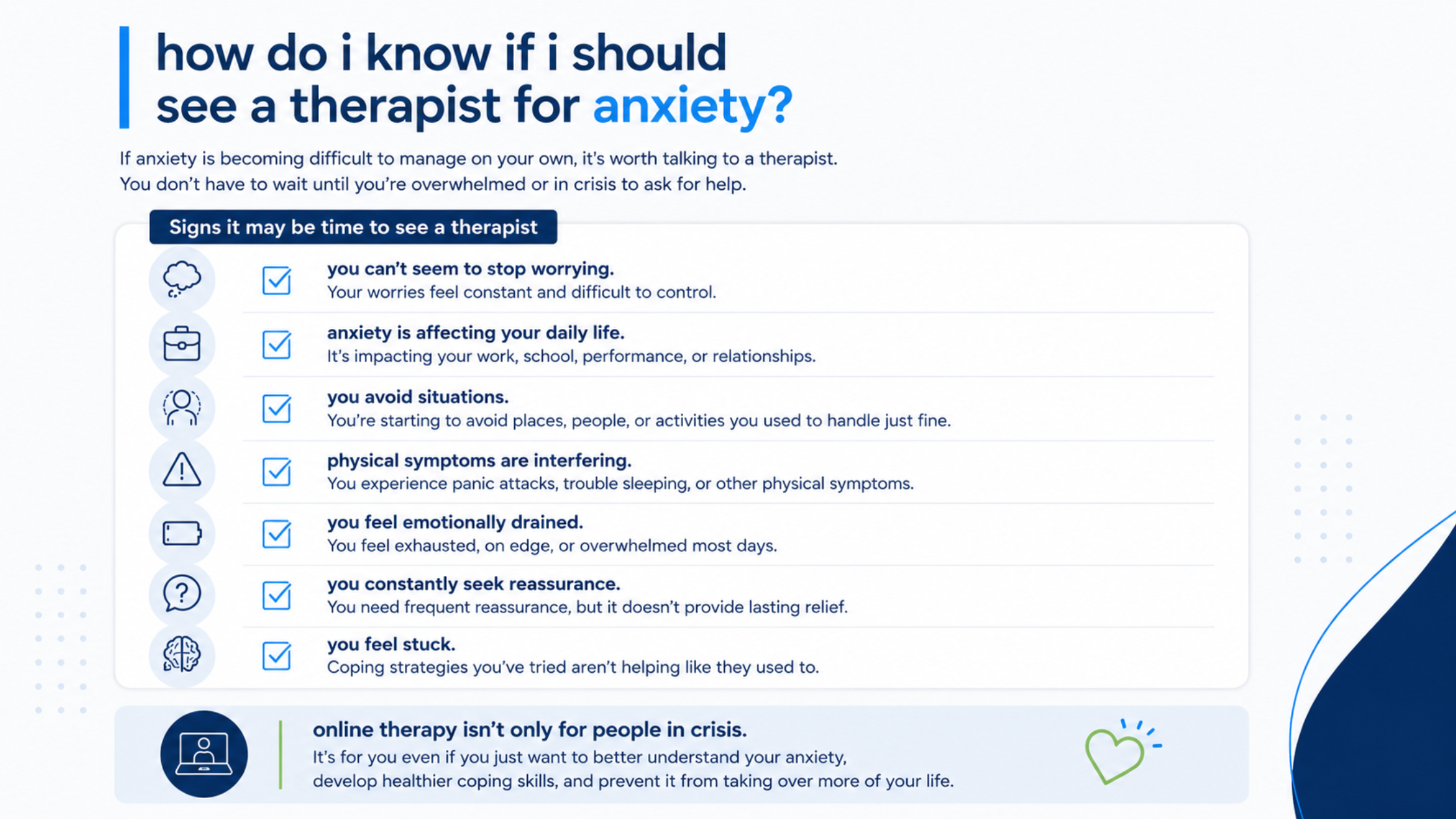 A checklist infographic highlighting common signs it may be time to see a therapist for anxiety, including excessive worry, avoidance, panic attacks, emotional exhaustion, reassurance seeking, and feeling stuck.