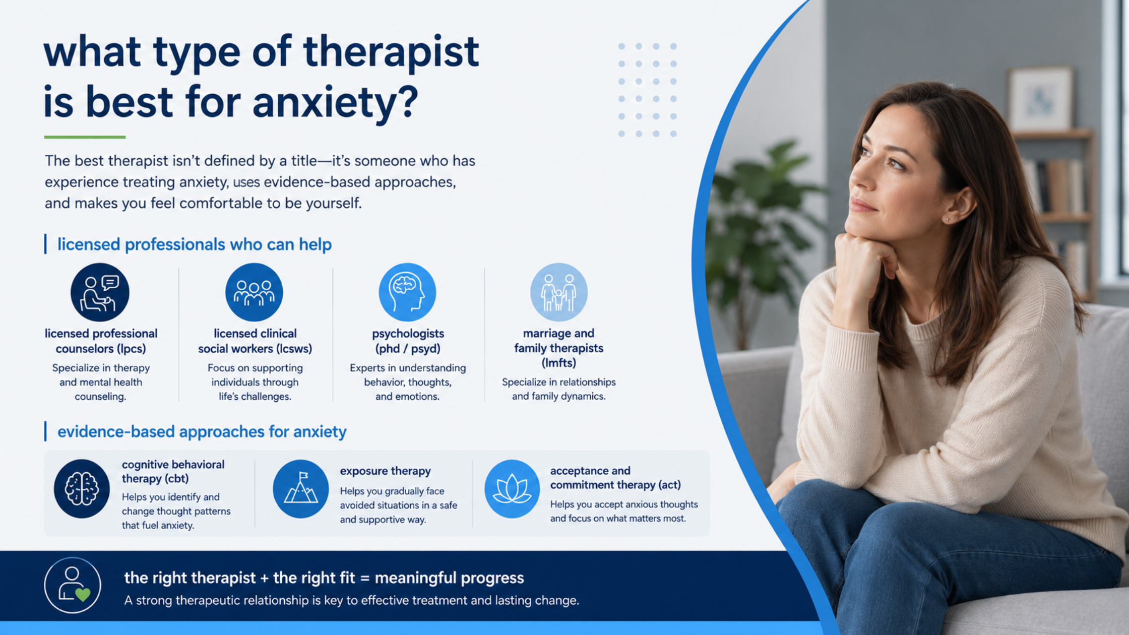 A comparison of licensed mental health professionals and evidence-based anxiety treatments, including cognitive behavioral therapy (CBT), exposure therapy, and acceptance and commitment therapy (ACT), to help people choose the right therapist for anxiety.