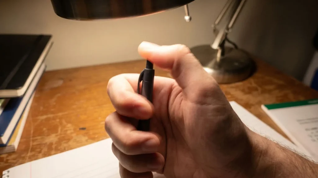 Hand rested upon a desk clicking the top of a pen.