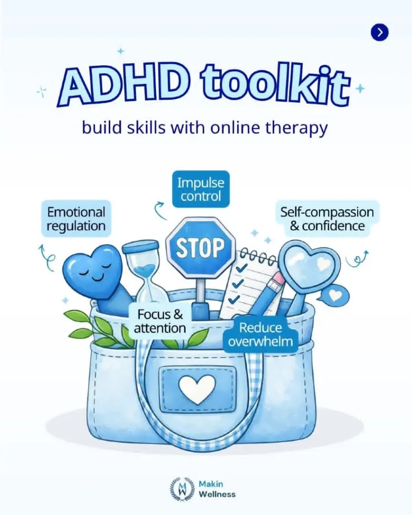 A bag with various items in it represents ADHD tools like emotional regulation and self-compassion.