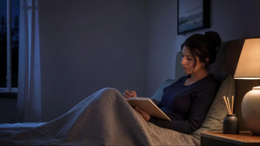 A young woman journaling in bed to help improve her sleep.