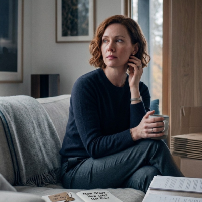 A pensive 35-year-old woman sitting on a gray sofa in a modern home, holding a mug and looking thoughtfully out a window. Around her are signs of a major life transition, including packed moving boxes labeled "Living Room" and "Kitchen," documents on a coffee table, and an open journal with a set of keys.