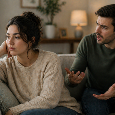 Woman looking away with distant expression while partner talks during tense conversation