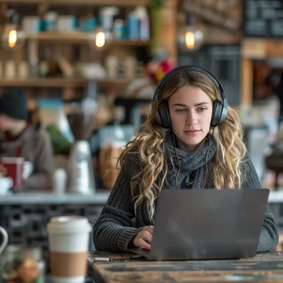A woman sits in a coffee shop working on her computer and wearing earphones as she looks for an answer to the question, “What is ADHD paralysis?”.