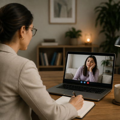A licensed OCD therapist conducting an online therapy session with a client over video call, taking notes in a calm and professional home office setting.
