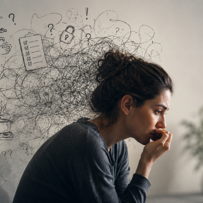 Illustration of a person struggling with intrusive thoughts and compulsive worries, representing the challenges of obsessive-compulsive disorder and the role of OCD therapy in treatment.