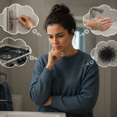 A woman experiencing intrusive thoughts while seeking support for OCD treatment online
