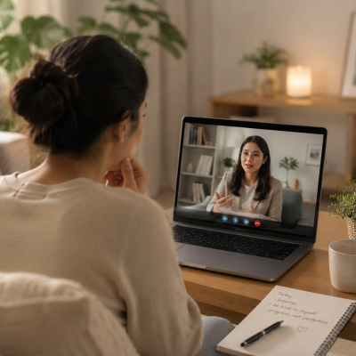 A person participates in an online anxiety therapy session from home, speaking with a licensed therapist through a secure video call on a laptop in a calm, comfortable setting.