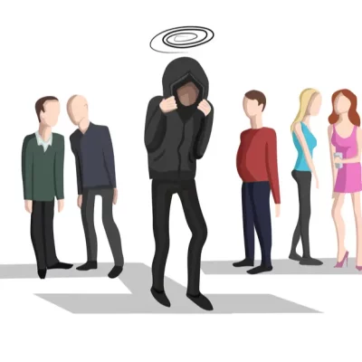 illustraion of embarrassed man with people looking at him