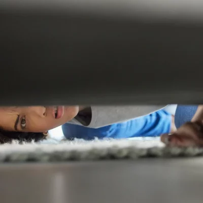 ADHD object permanence causes you to forget where you put things. This woman is looking for something under a couch.